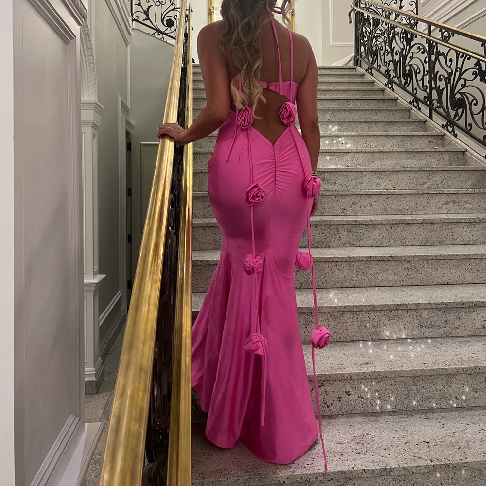 Custom long pink evening gown with roses prom